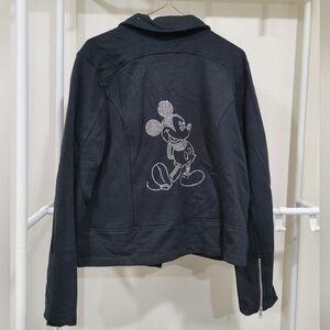 Disney Parks Mickey Mouse Sequin Rhinestone Zip Black Moto Jacket, L  90’s Style